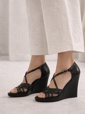 Style & Co Chrissy Black Leather Wedge Sandals 7.5M Strappy Heels New In Box